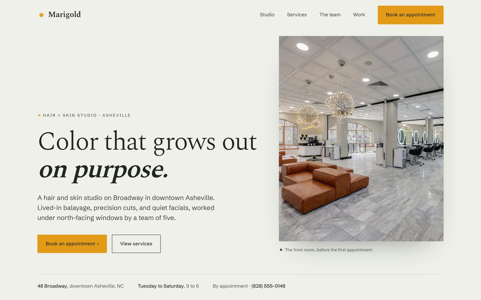 The Marigold homepage — a bright, editorial hair and skin studio